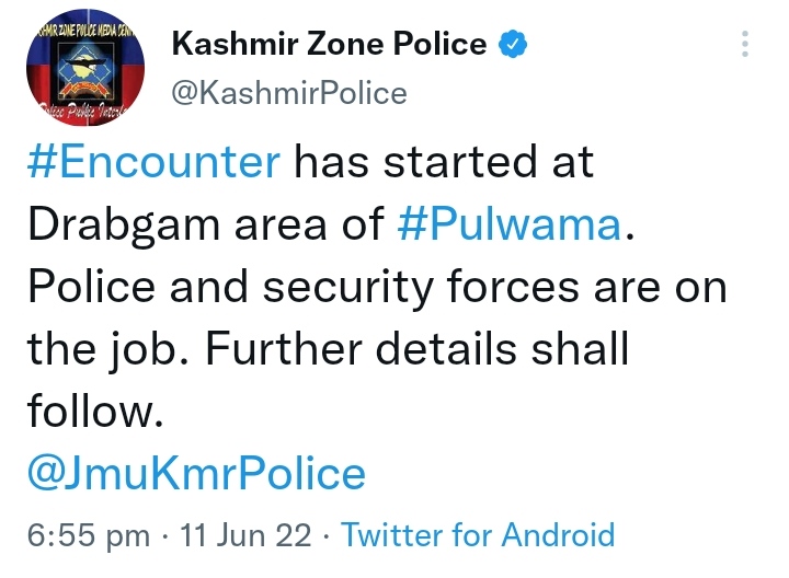 'Encounter has started at Drabgam area of Pulwama'